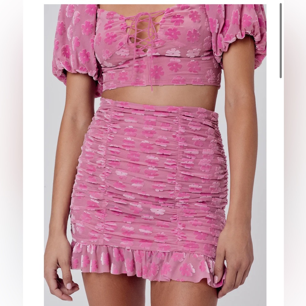 For Love and Lemons pink floral velvet rouged skirt and shirt set size small